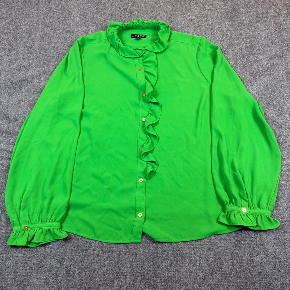 J. Crew Re-Imagined Green Ruffle Button Front Blouse Long Sleeve Gold Buttons